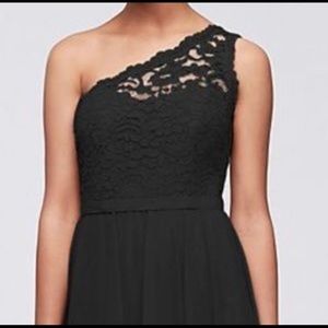 Black, one shoulder David’s Bridal dress